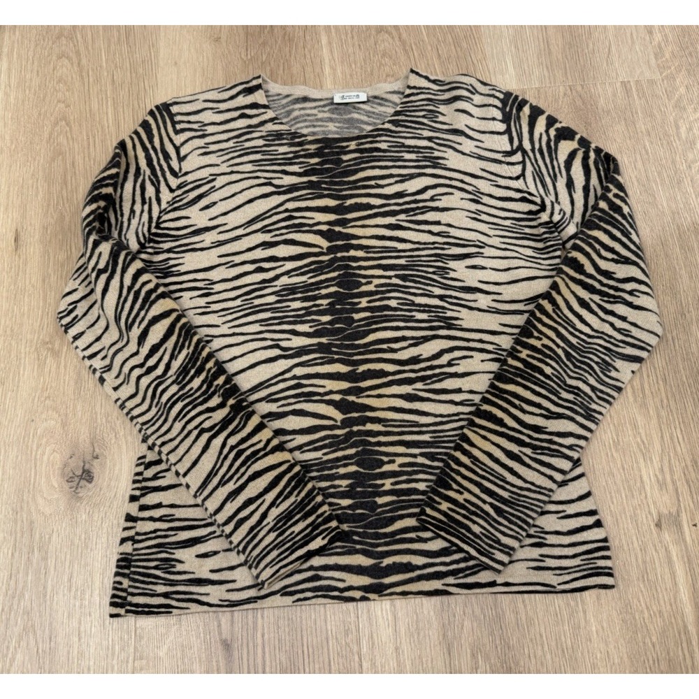 Brown/Beige Animal Print Size M 100% Cashmere Sweater Crew Neck Long Sleeve